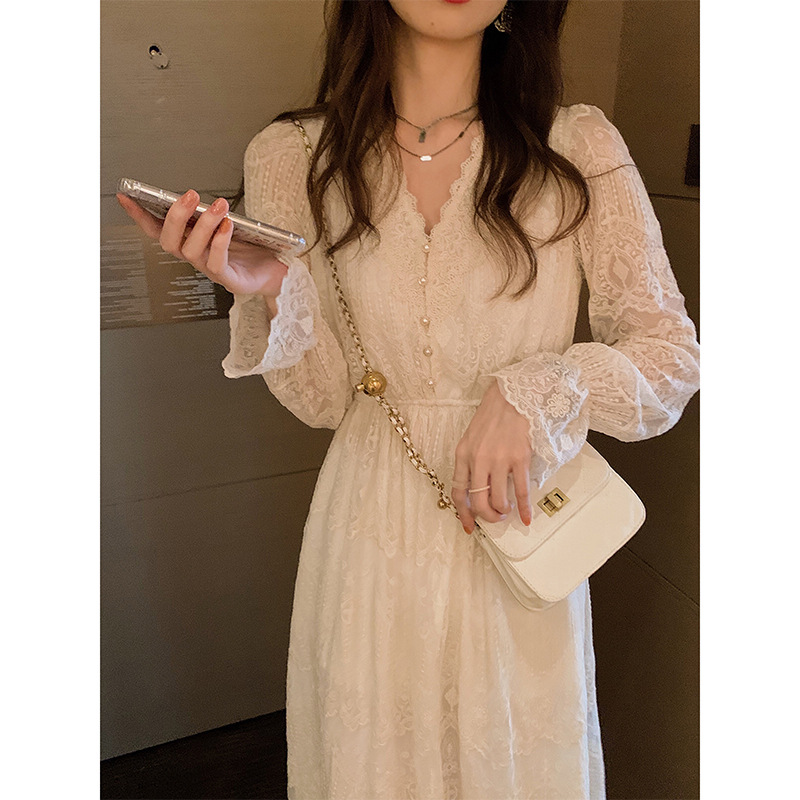 Kafuu Dress Bottoming Match with Coat White Long Dress Light Luxury Chic Lace Dress Women's Spring and Autumn Women Clothes