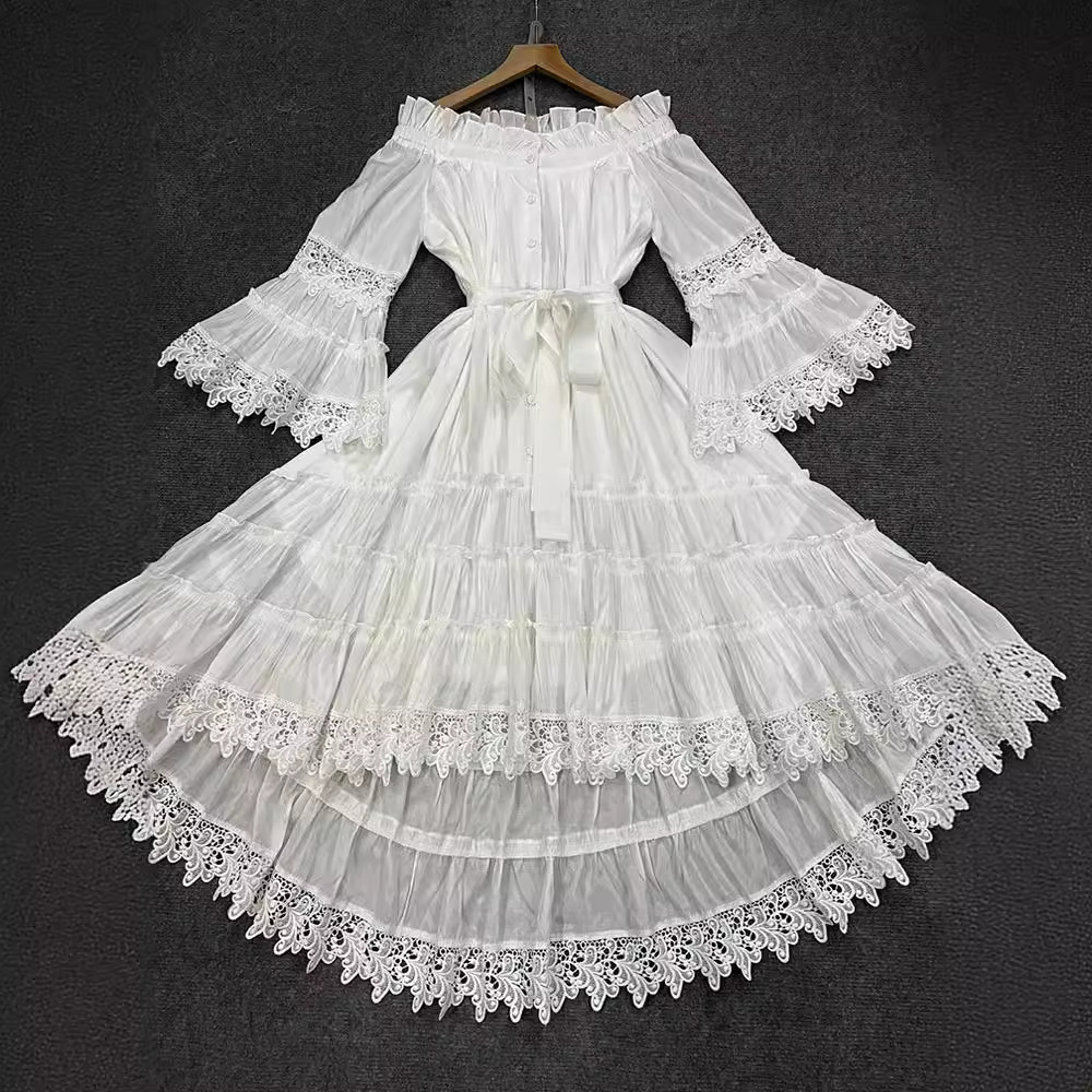 外贸跨境2024春季新款圆领喇叭袖荷叶边拼接腰带收腰长款连衣裙女