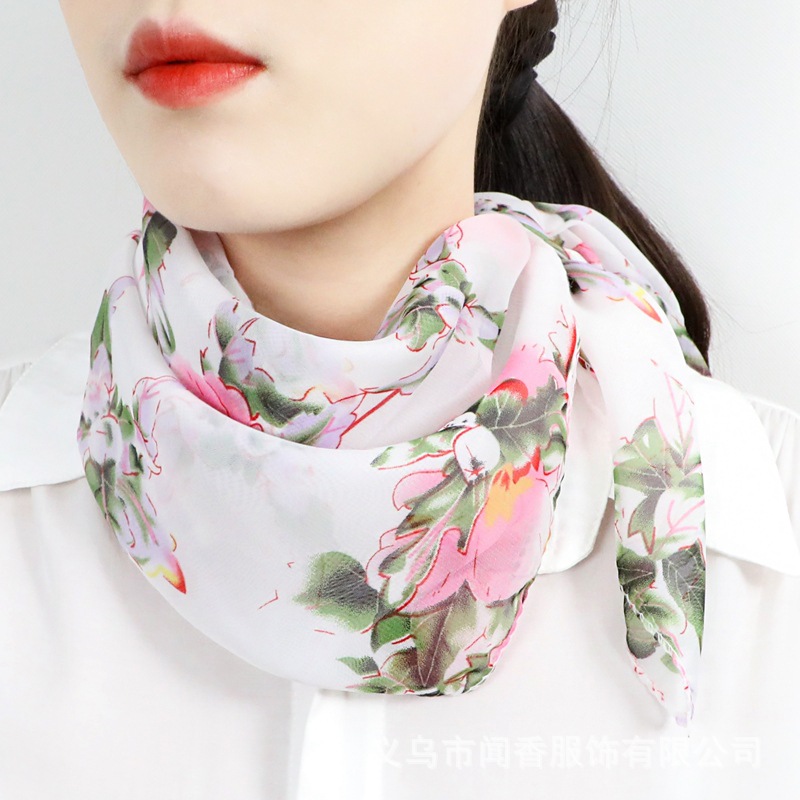 2022 New Spring and Summer Artificial Silk Chiffon Printed Small Square Scarf Women's Temperament Wild Silk Scarf Neck Protection Sunscreen Small Scarf