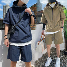 夏季男士日系风套装工装款短袖短裤休闲宽松外套衬衣薄款连帽卫衣