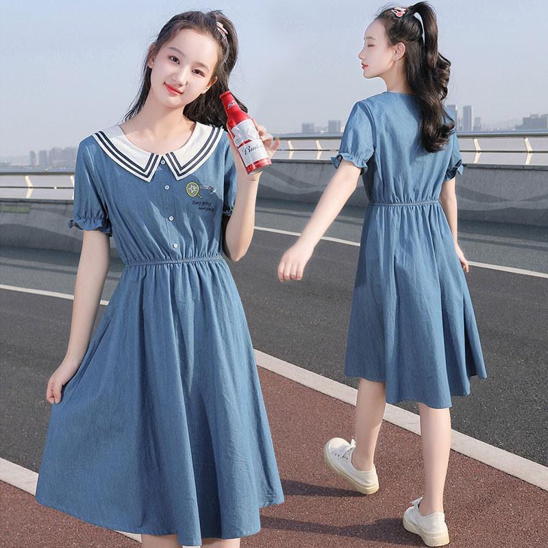 中学生牛仔连衣裙夏季娃娃领2022新品收腰中长款绣花初中生裙子薄