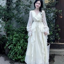 法式温柔夏季长袖白色连衣裙2024年仙女秋季新款初恋连衣裙白月光