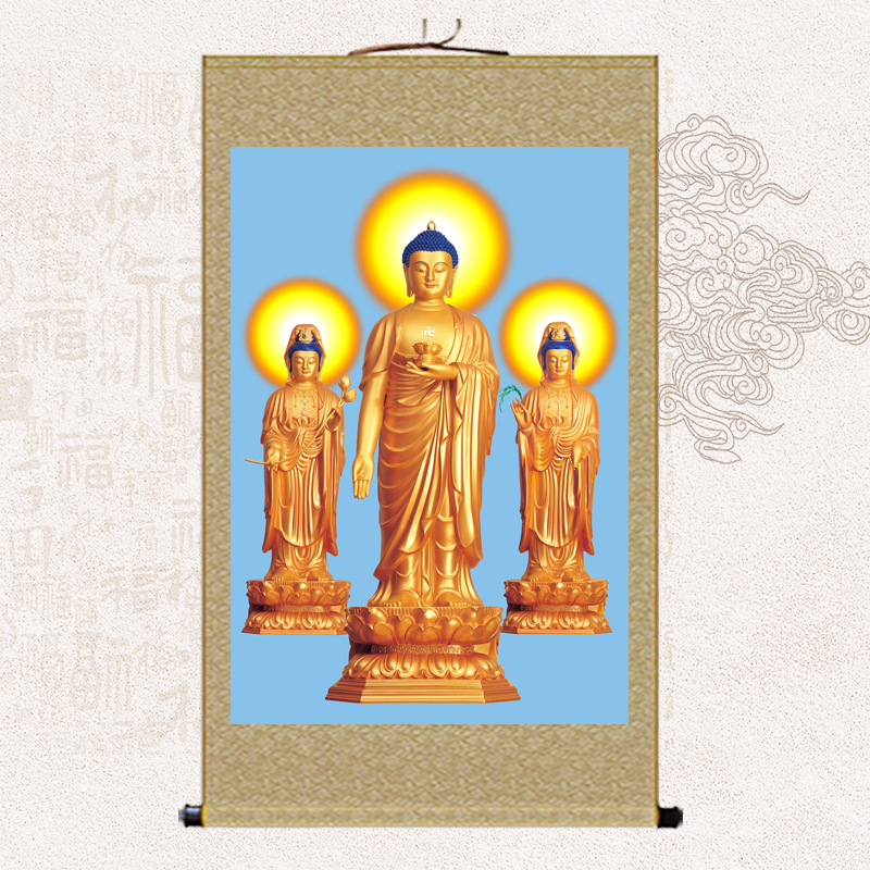 Western Trinity Receiving Buddha Picture like Golden Figure Painting Amitabha Buddha Buddha Guanyin Mahasthamaprapta Scroll Painting