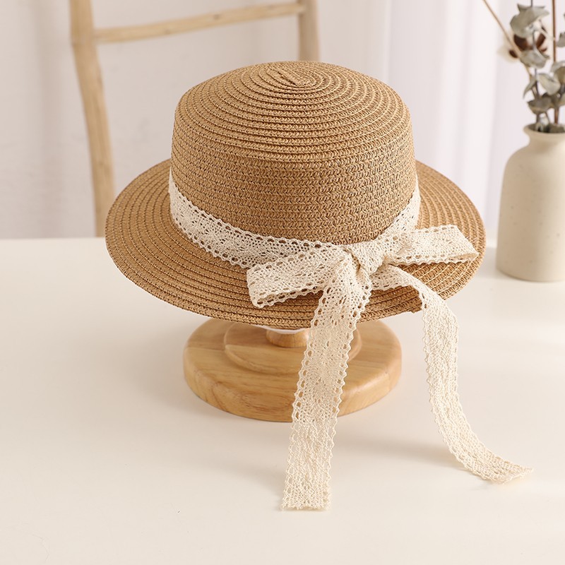 Internet Famous Lace Bow Straw Hat Baby Sunhat Girls Beach Hat British Trendy Top Hat Flat Top Sun Hat