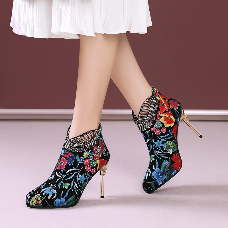 外贸水钻后拉链超高高跟鞋名族风印花细跟女士短靴个性走秀时装靴