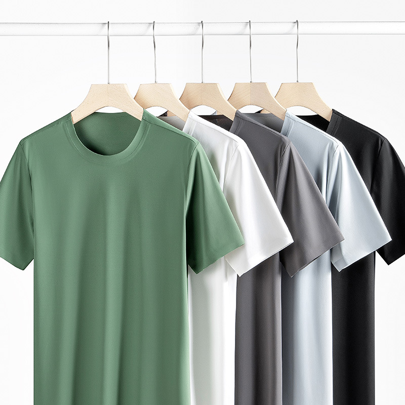 Summer New Short-Sleeved T-shirt Men's Thin Trendy Solid Color round Neck Ice Silk Seamless T-shirt Breathable Half Sleeve Men's Body
