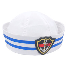 蓝丝带水手帽圆顶白色翻边瓜皮帽卷边蓝条无檐帽游艇船长帽定做