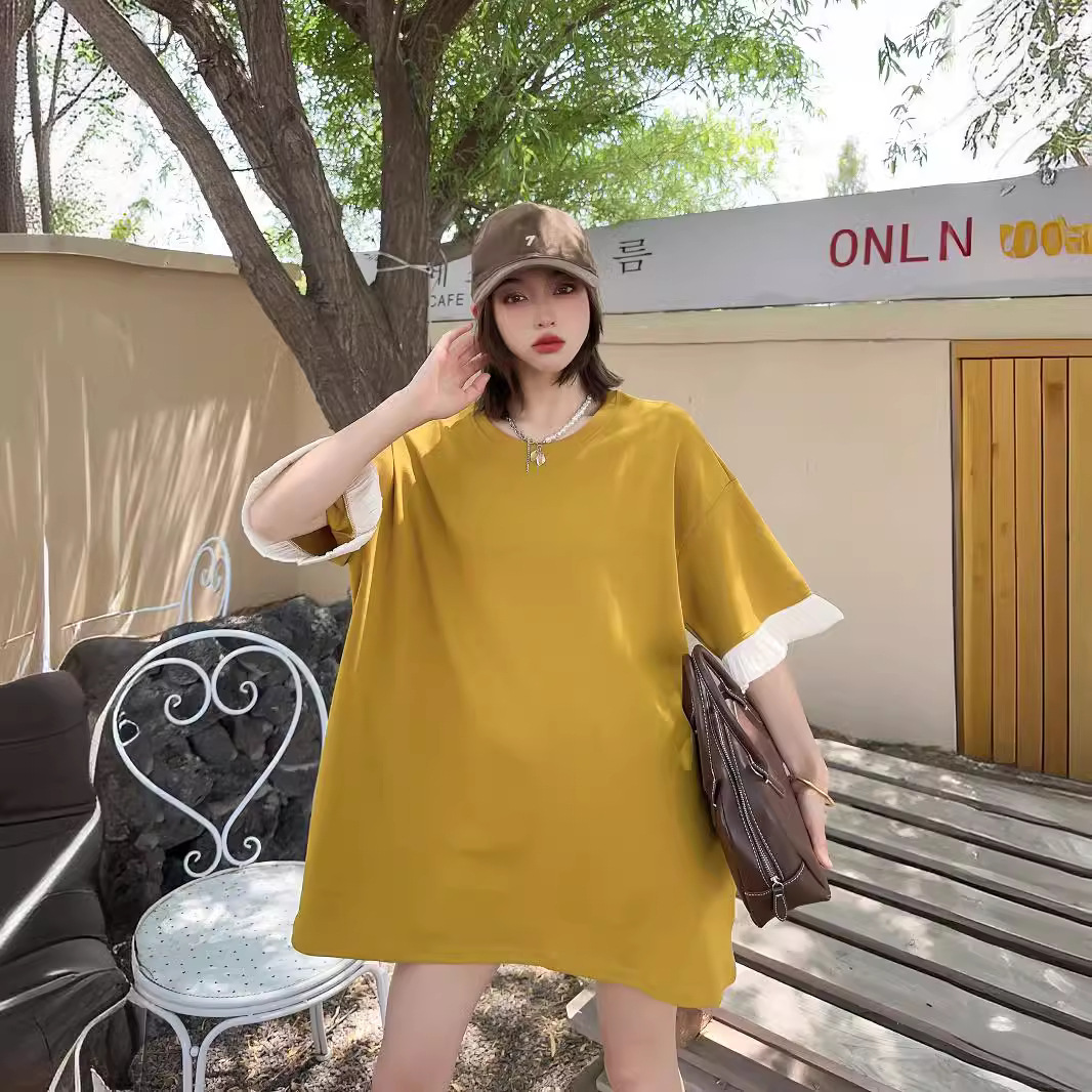 潮搭大码女装2024夏季新款胖mm宽松设计感小众拼接袖子短袖t恤女t