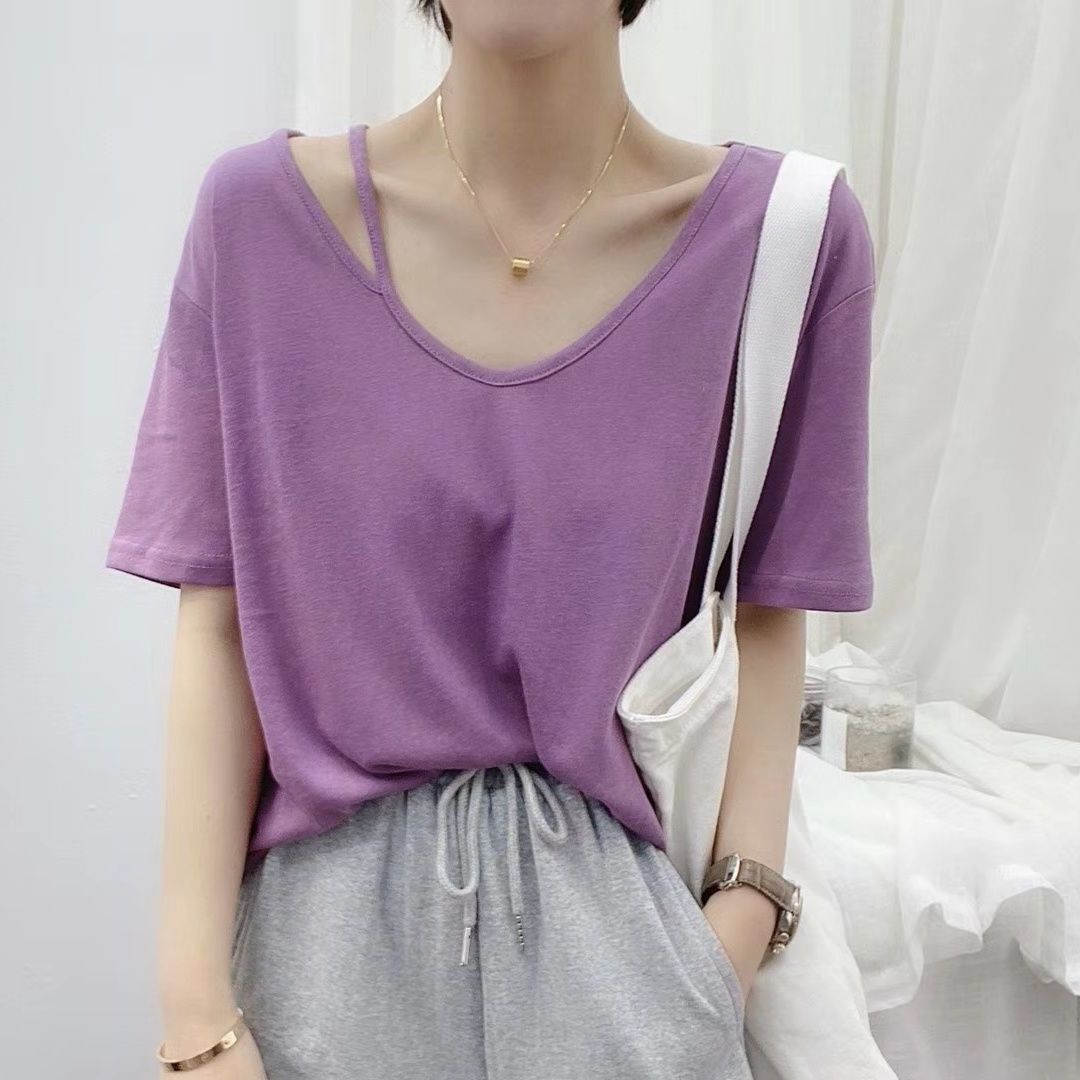 2021春夏季新款大v领不对称短袖t恤女宽松显瘦漏肩纯色半袖上衣