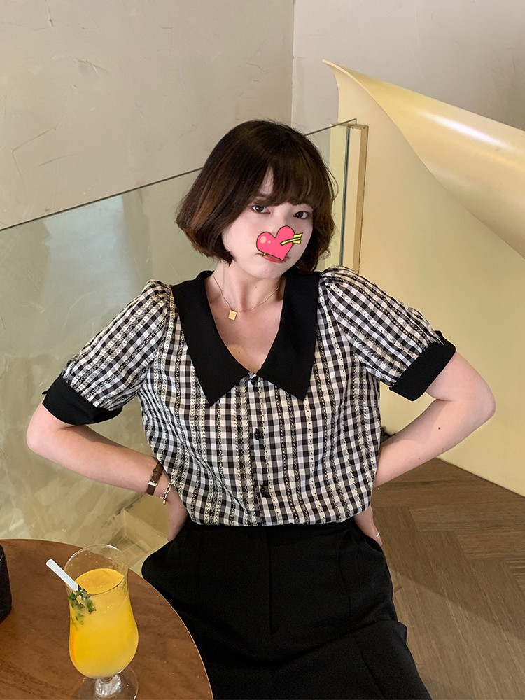 马西西微胖大码复古黑白格子衬衫女胖mm夏季宽松显瘦翻领短袖上衣