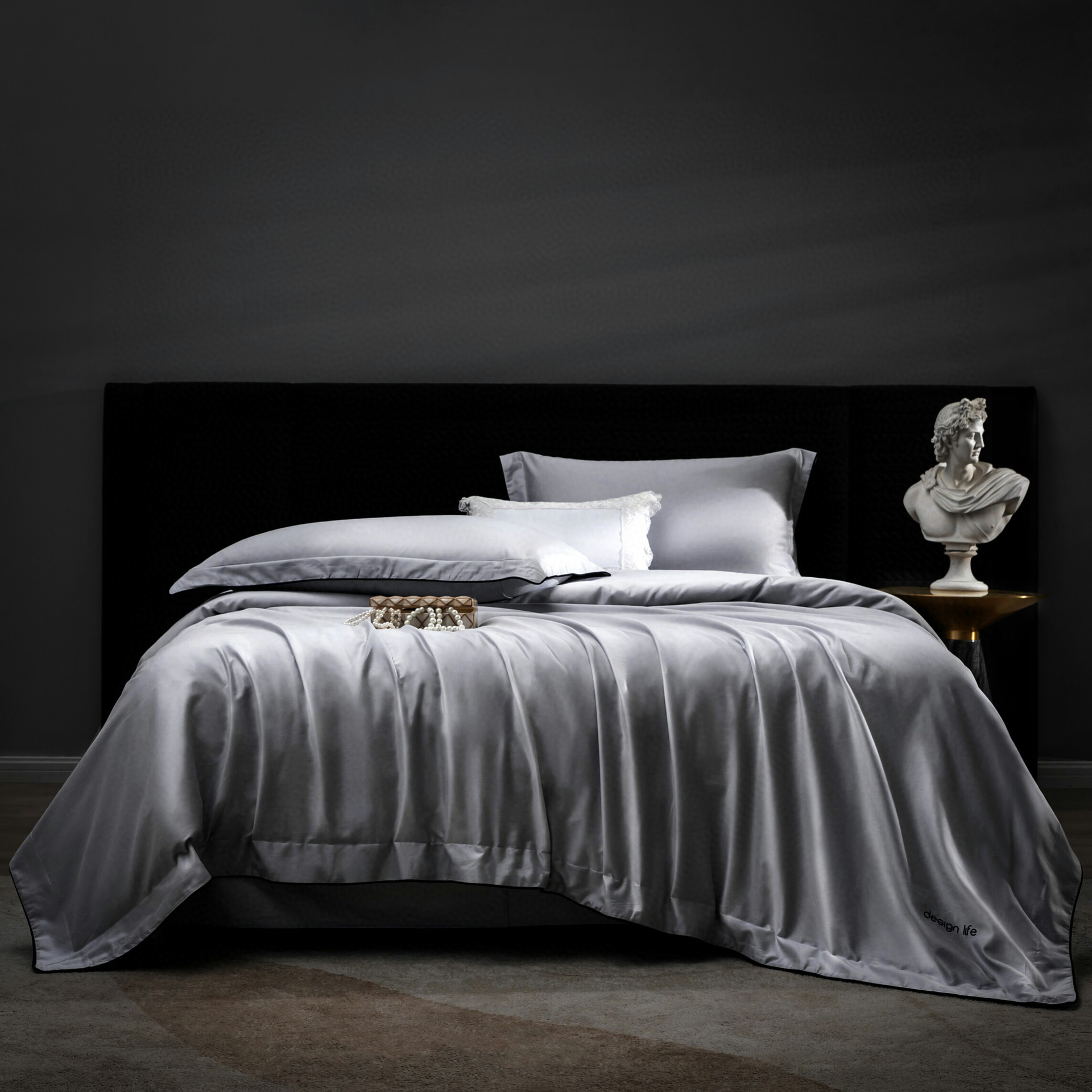 天丝棉磨毛四件套纯色高档轻奢4件套别墅乔迁礼品素色简约刺绣白