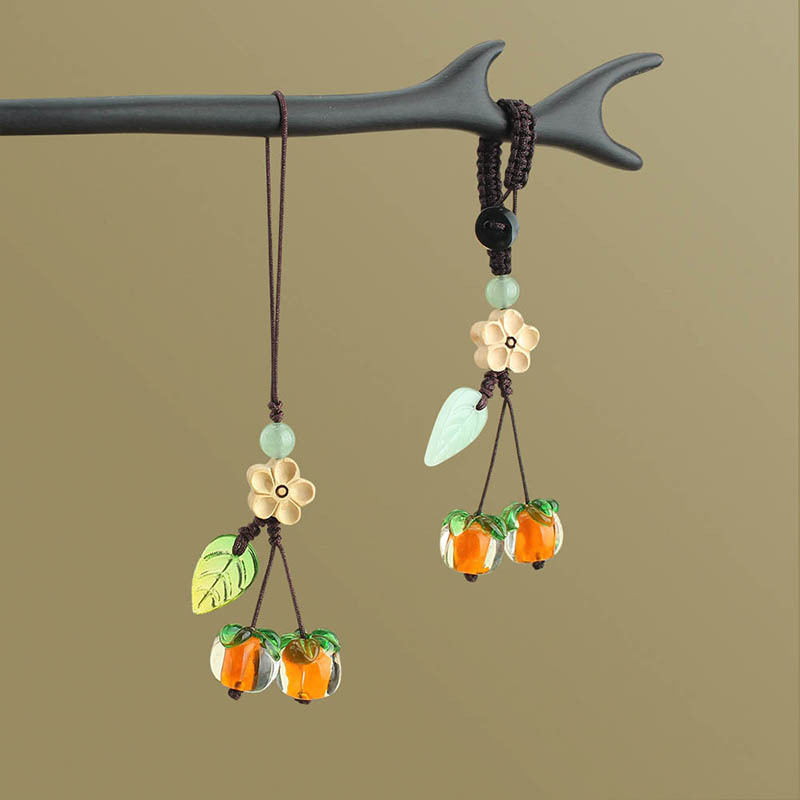 Persimmon Colored Glaze Persimmon Car Key Ring Pendant Persimmon Leaf Youcheng Mobile Phone Charm Creative Retro Pendant Lanyard