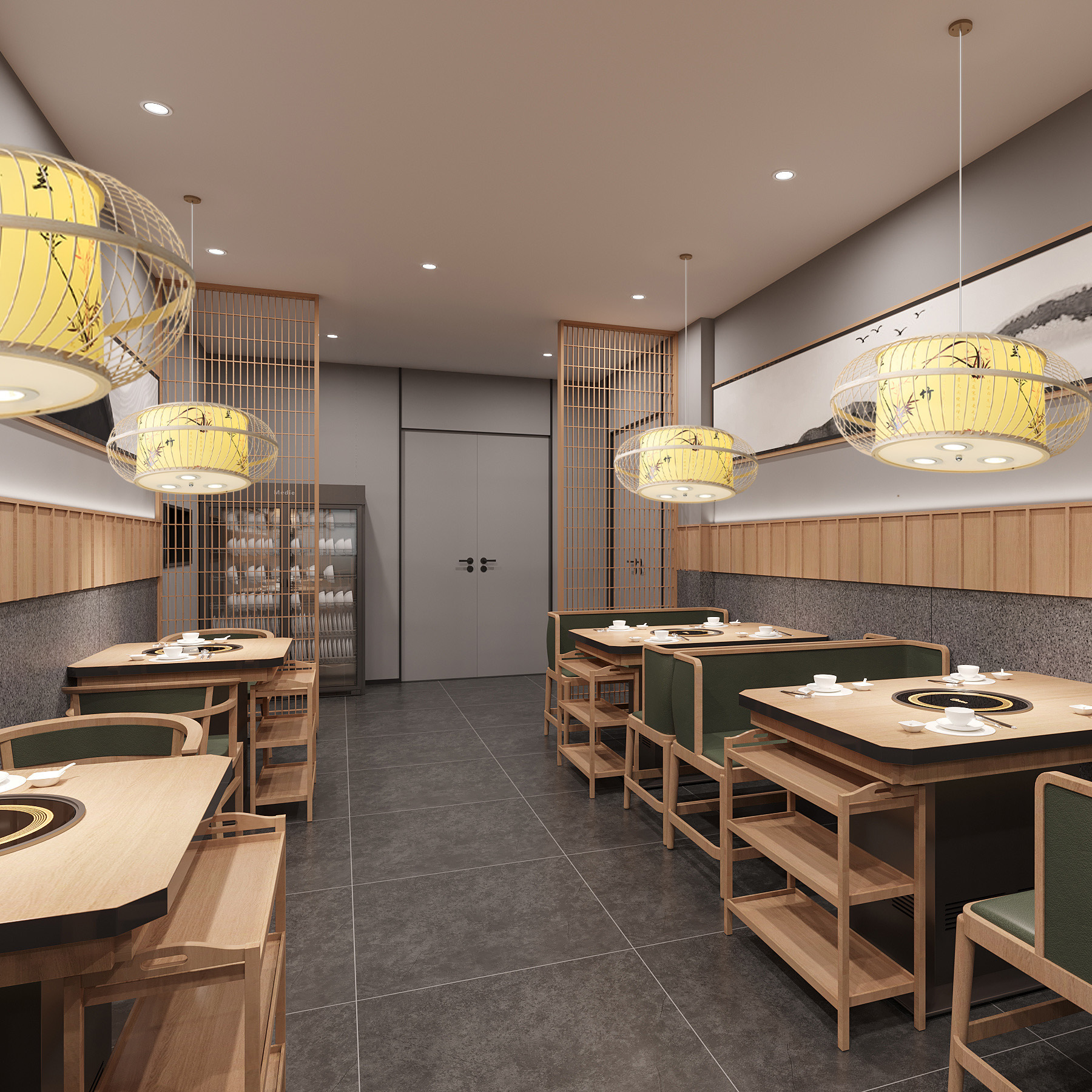 新中式湘菜馆餐厅包房饭店火锅店包厢包间餐馆餐桌竹艺吊灯带射灯