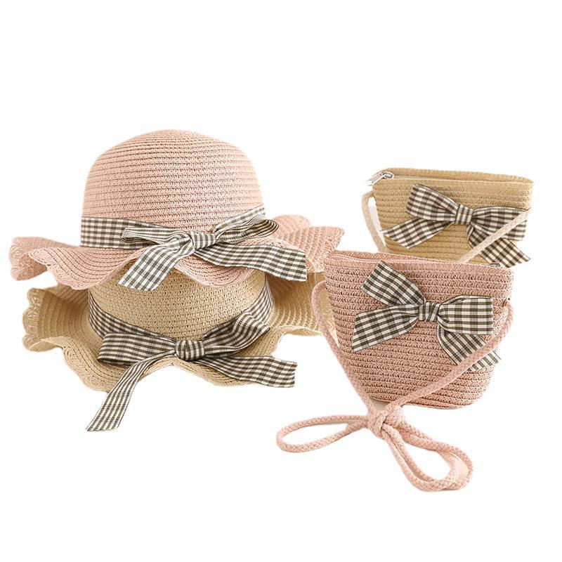 Hot Sale Children's Hat Bag Combination Bow Decoration Sun Protection Sunshade Photography Parent-Child Travel Sun Hat Straw Hat