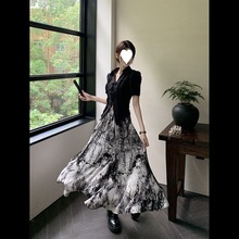 新中式国风套装女夏季新款复古短袖衬衫水墨收腰显瘦半身裙两件套