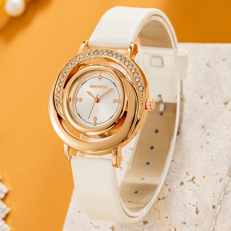 新款女士镶钻皮革带手表时尚水钻表盘石英手表简约休闲时装女手表