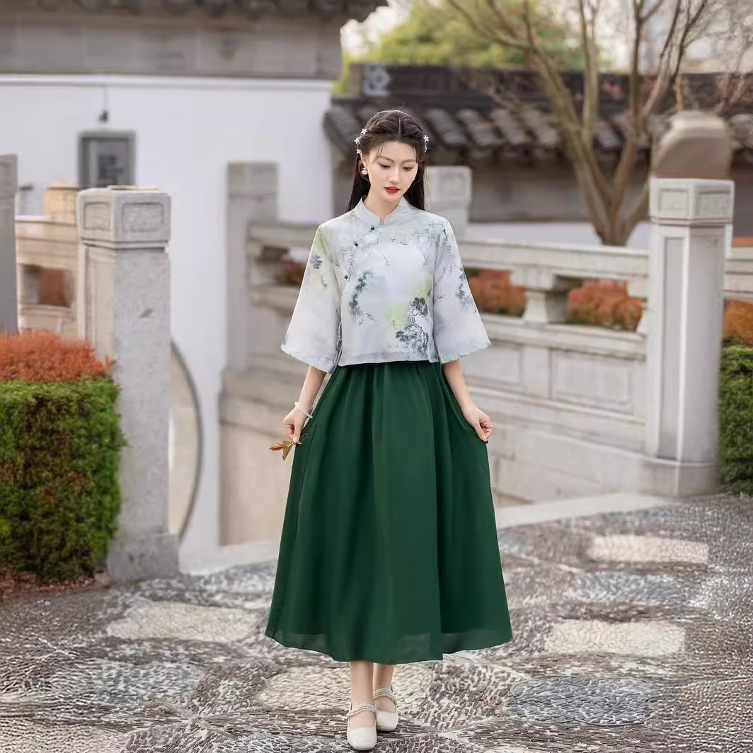 2024年轻款旗袍中式女古装改良唐装古风女装民国旗袍复古茶服套装