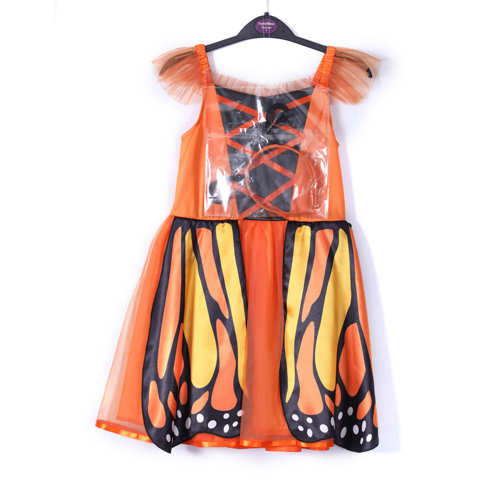 外贸新款万圣节儿童cos演出服 橙色蝴蝶公主连衣裙套装带头箍