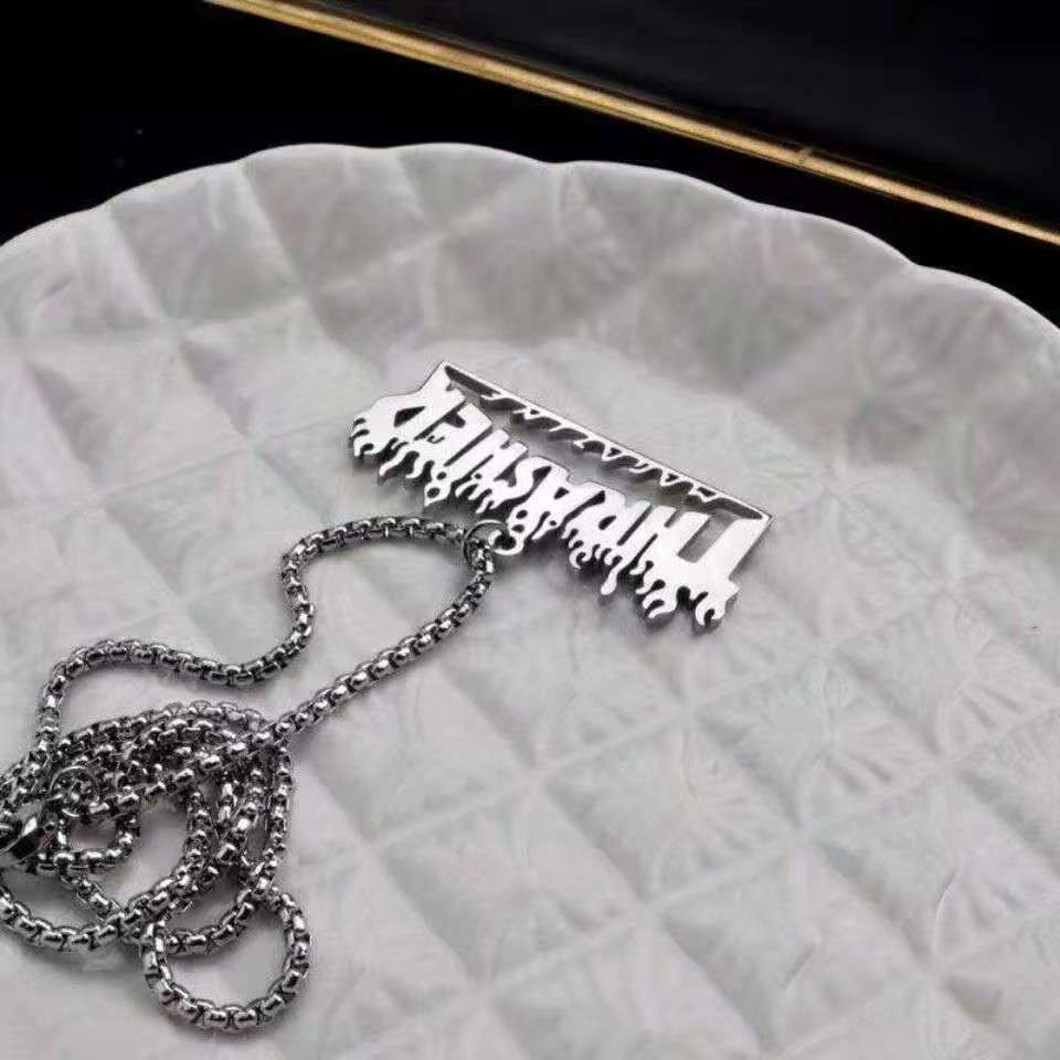 抖音同款thrasher火焰嘻哈钛钢项链男女百搭简约长款毛衣链配饰潮