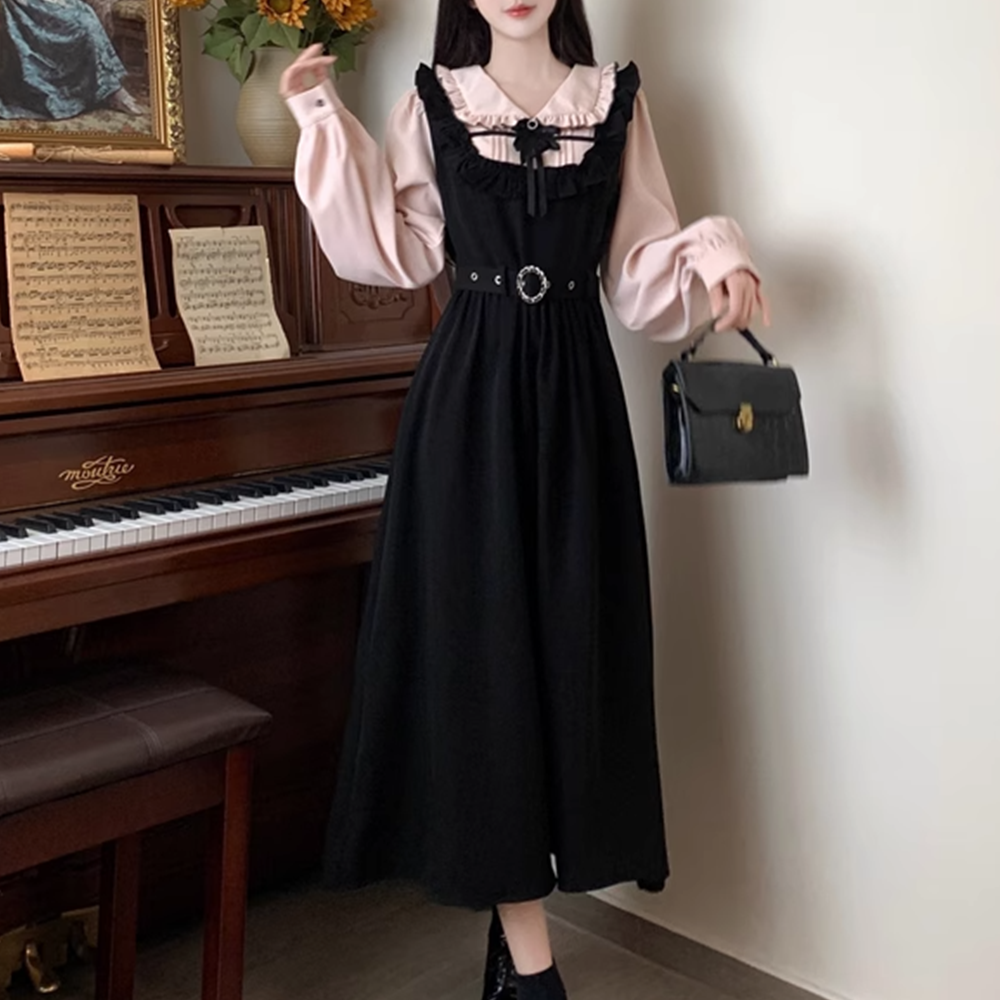 撞色衬衣拼接甜美蝴蝶结背带裙子秋冬季大码显瘦减龄假两件连衣裙