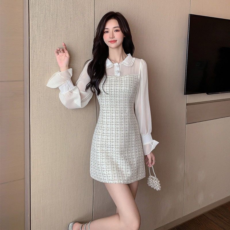 娃娃领雪纺纯色连衣裙图片