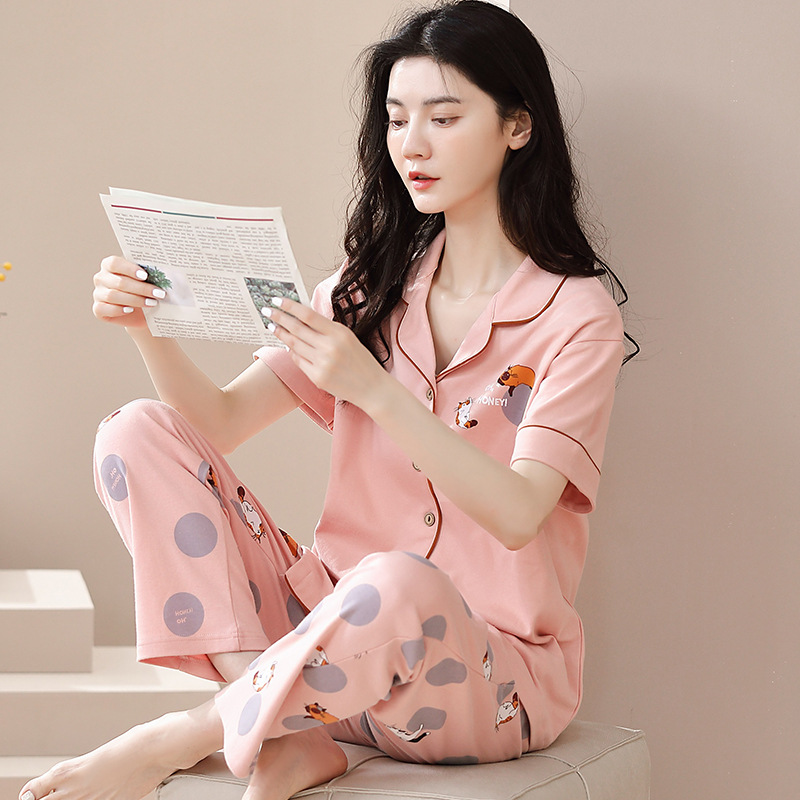 新款女士全棉睡衣短袖长裤夏季薄款可外穿开衫纯棉家居服两件套装