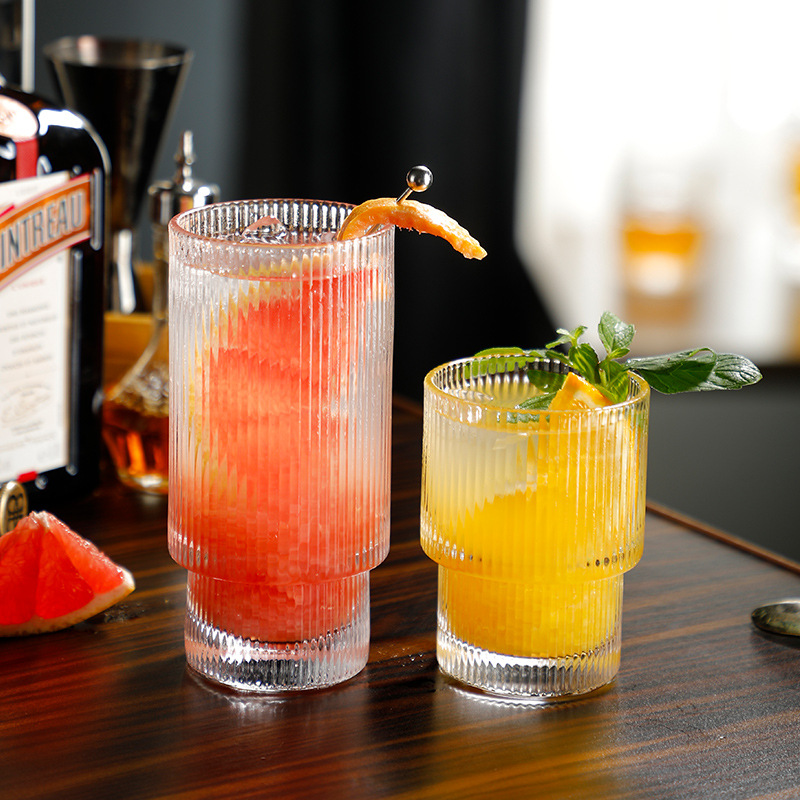 简约条纹玻璃杯 创意鸡尾酒杯 个性果汁杯饮料杯商用透明叠叠水杯
