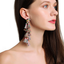 跨境彩色波西米亚风格米珠流苏长款耳环适合女士度假和日常佩戴