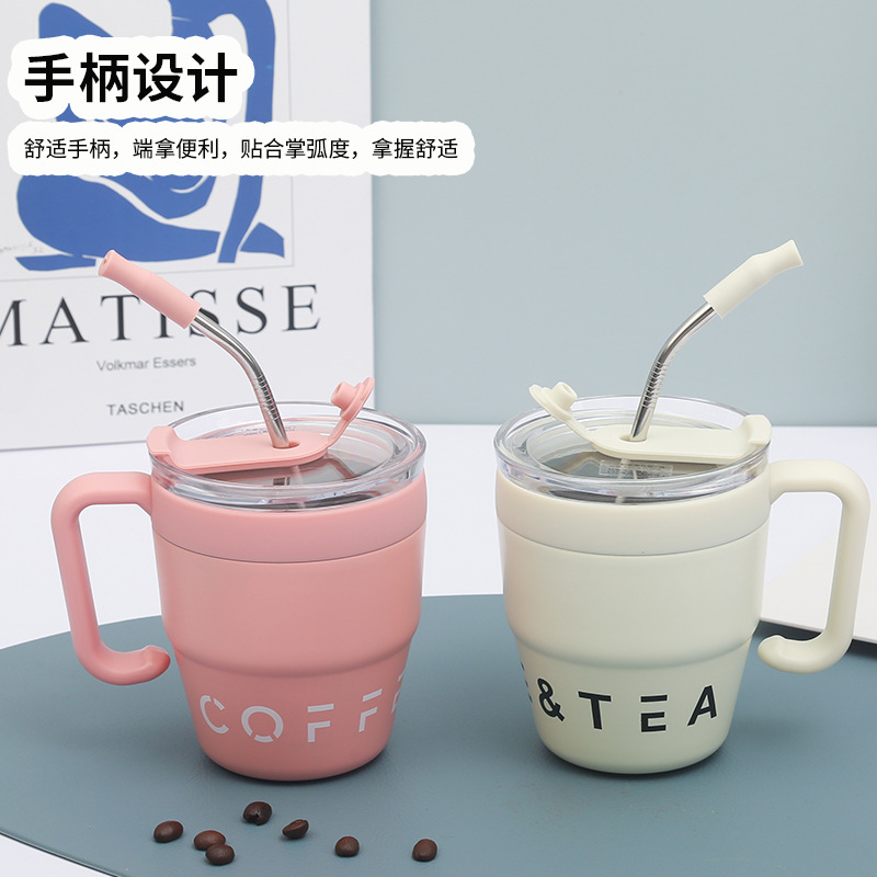 Good-looking Handle Straw Cup Stainless Steel Coffee Cup Vacuum Cup for Men and Women Water Cup Office Mug with Lid