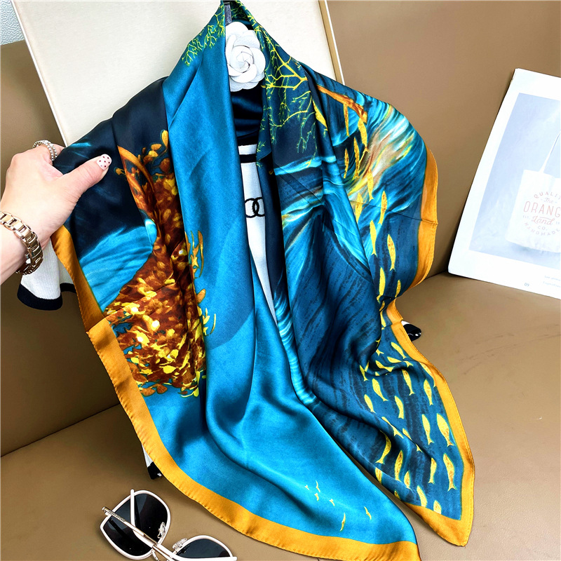 New Emulation Silk Scarf Women's Spring and Summer Ancient Style Qingming River Map Scarf Versatile Chinese Style Square Scarf Wholesale