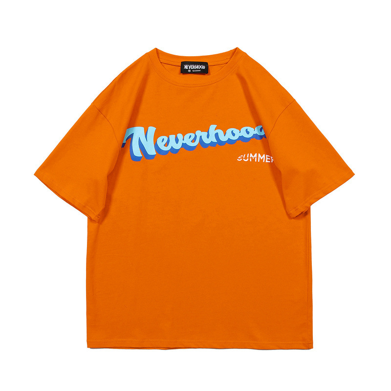 情侣同款文艺字母neverhood印花欧美嘻哈男女潮ins风男装宽松短袖