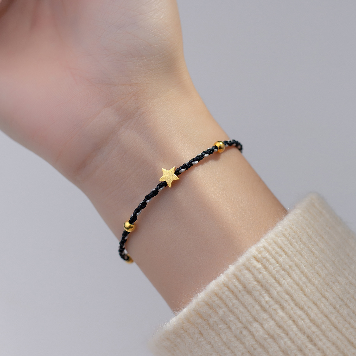 s925银简约镀金拉丝星星光珠黑灰色手链女 diy手饰品批发c0614