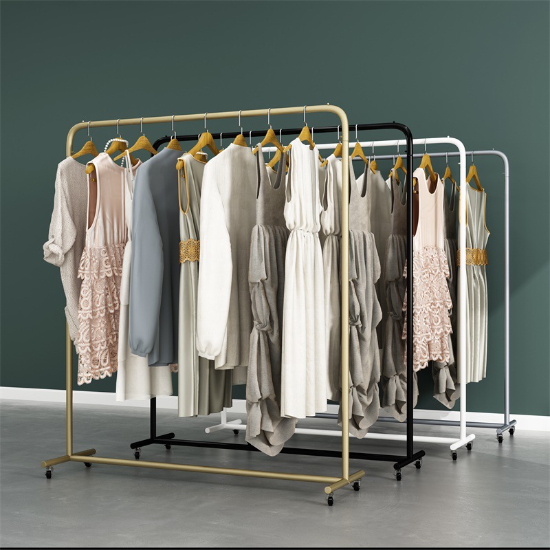 Clothing Store Display Stand Floor-Type Coat Hanger Island Shelf Bedroom Balcony Clothes Rack Wholesale Movable with Wheels