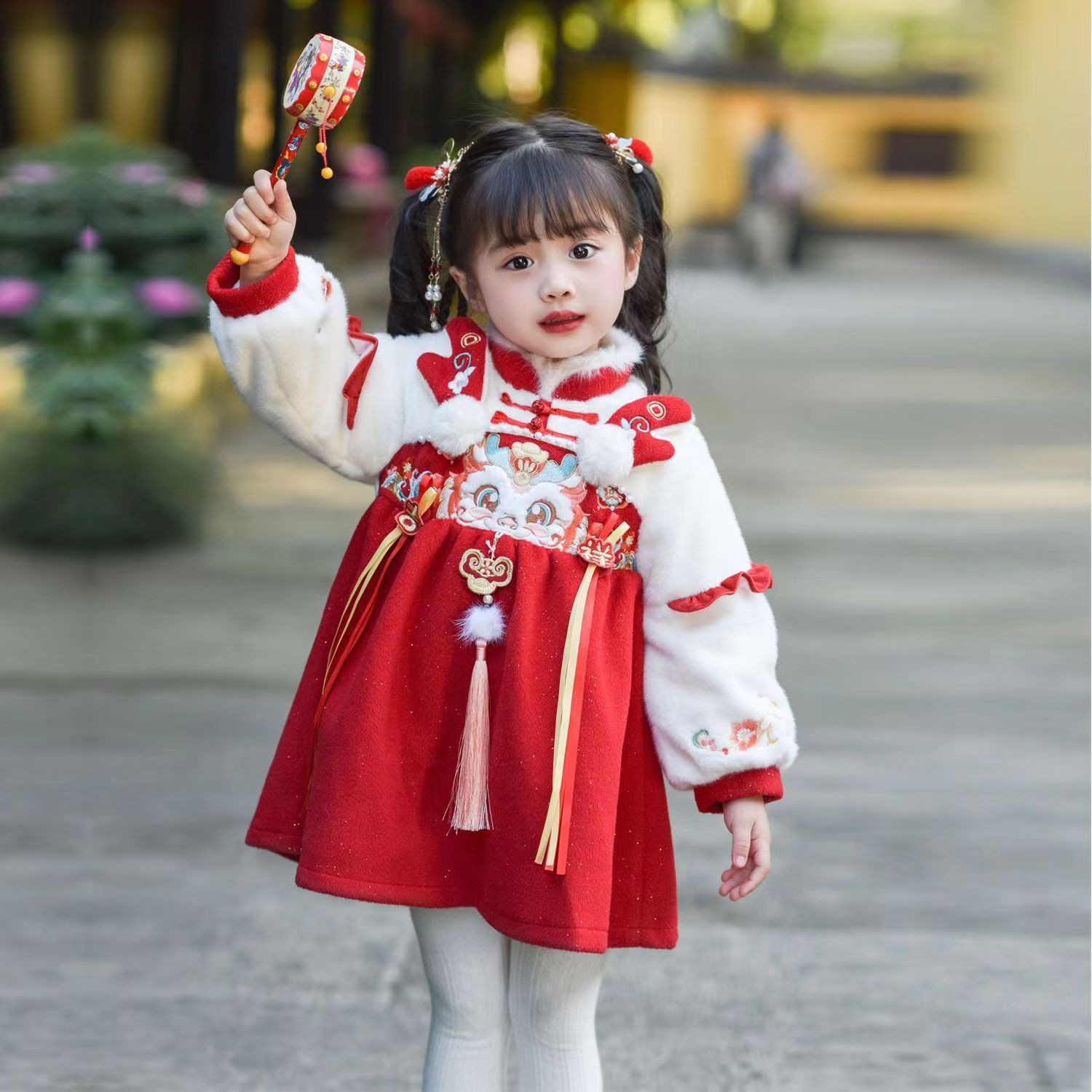 汉服女童冬款冬季宝宝喜庆红色连衣裙中国新年唐装龙年拜年小女孩