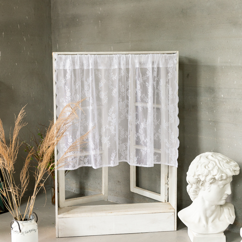 跨境亚马逊速卖通蕾丝纱帘成品杆口袋卧室咖啡馆半透明小窗帘日式