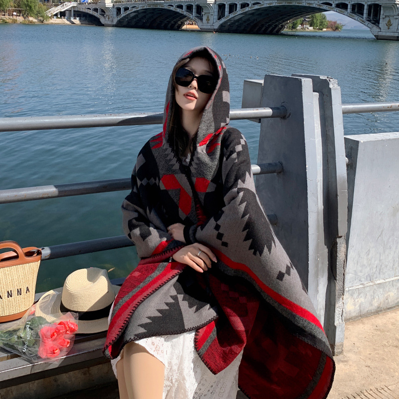 New Ethnic Style Thickened Shawl Xinjiang Tibet Yunnan Travel Photography Clock-in Wear Cape Warm Coat for Women