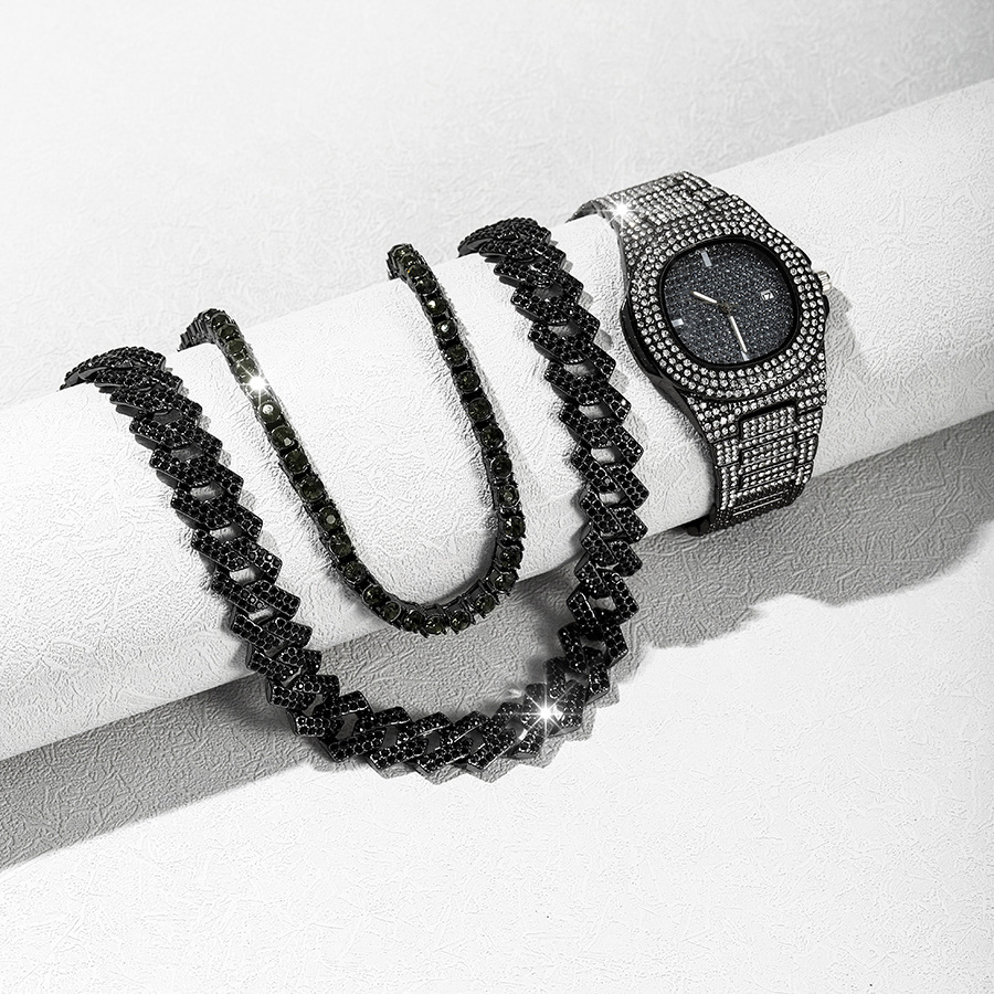 跨境新品黑色古巴链网球链手表三件套装饰品欧美男士嘻哈套装首饰