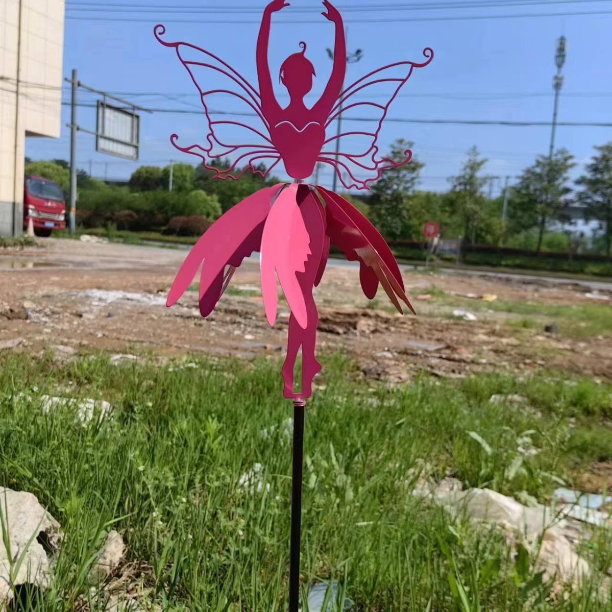户外庭院铁艺摆件花园精灵花仙子装饰金属铁艺旋转风车摆式工艺品