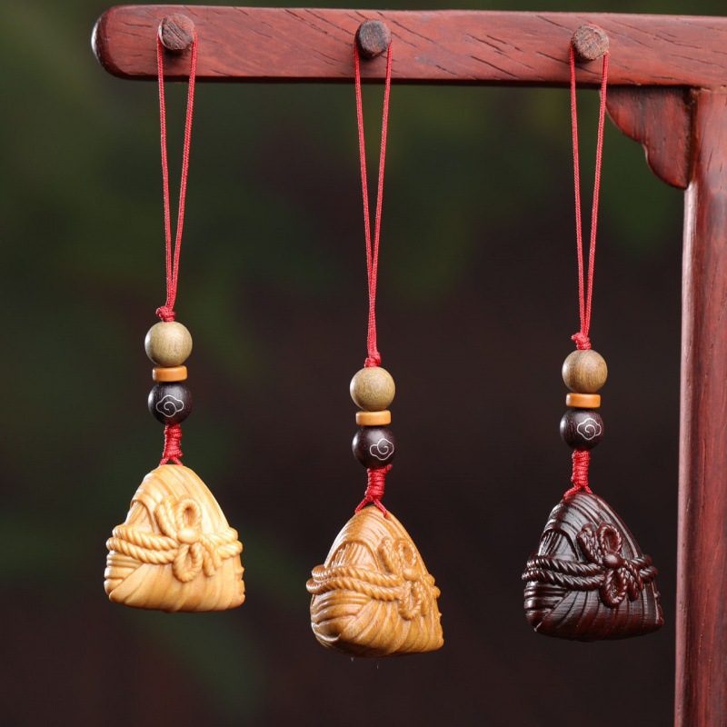 绿檀木雕中考高考粽子挂件 创意国风高粽汽车钥匙扣手机挂件摆摊
