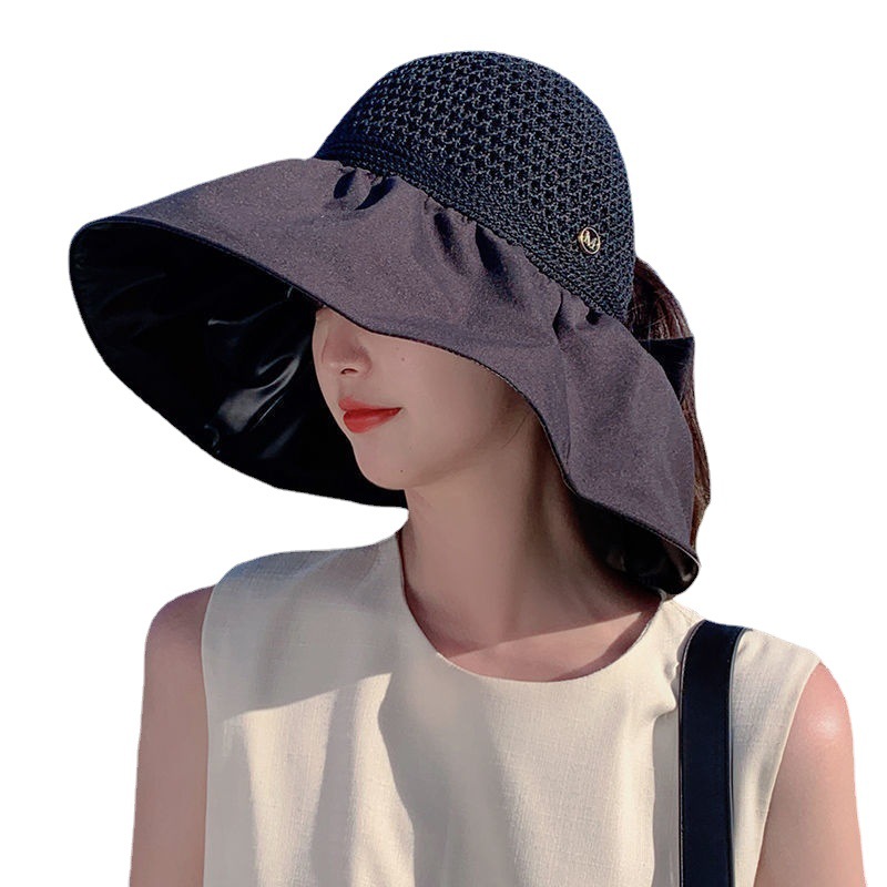 Hat Female Summer Fashion M Standard Horse Tail Vinyl Air Top Bucket Hat Face Cover Sun Hat Big Brim Sun-Proof Sun Hat