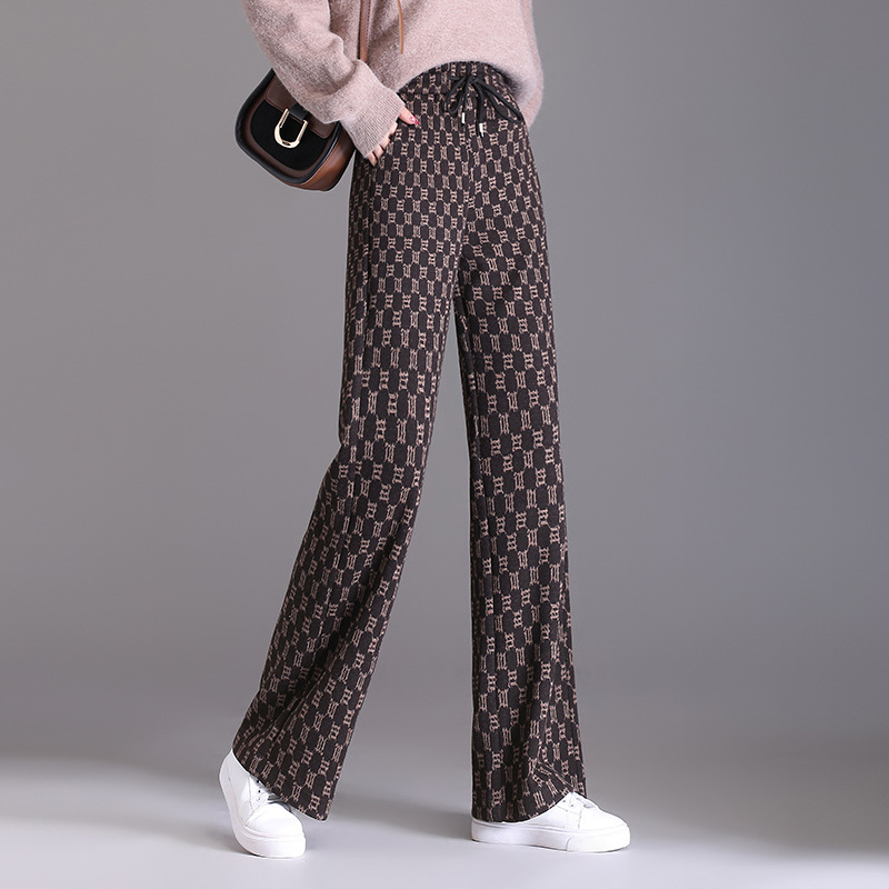 Chessboard Plaid Wide-Leg Pants for Women Autumn and Winter 2023 New High Waist Drooping Small Casual Mopping Plaid Woolen Pants