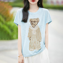 法式圆领印花亚麻针织短袖T恤女纯欲小熊刺绣印花轻薄半袖打底衫