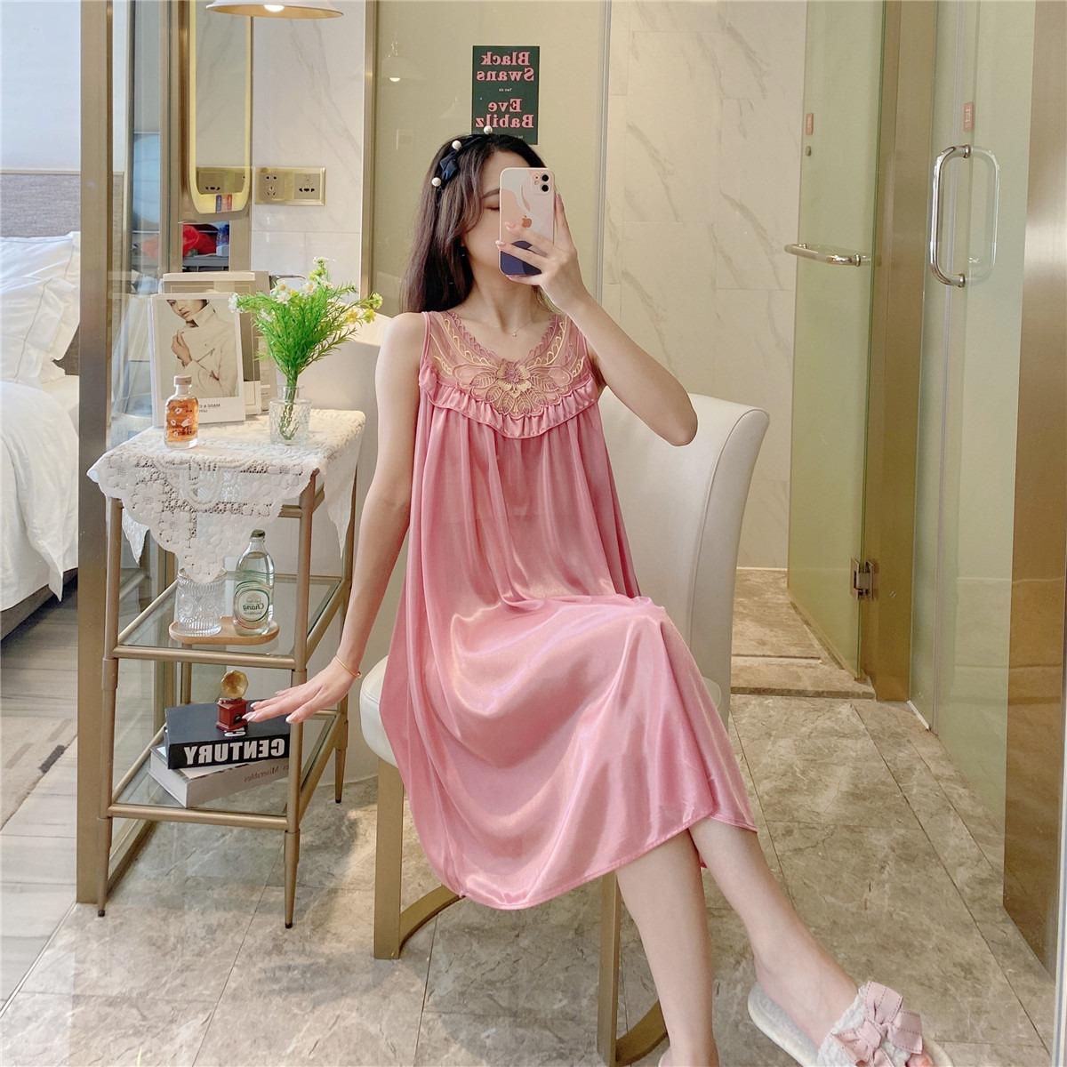 夏季冰丝睡裙女士性感情趣睡衣夏冰丝绸蕾丝大摆裙纯色睡裙女批发