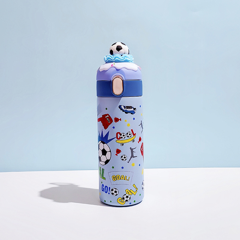 Factory Direct Sales Cross-Border 304 Stainless Steel Thermos Cup Solid Color Handle Cover Cartoon Uv Print Football Straight Glass