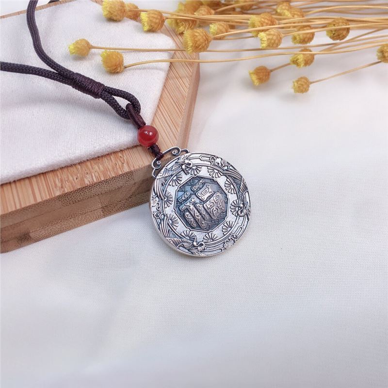 999足银圆牌《仙鹤送福》复古民族风福字车挂件纯银饰品银吊坠