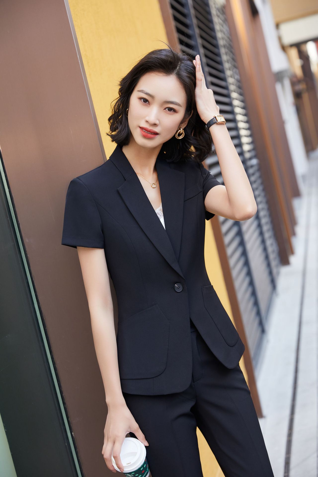 夏季新款职业短袖套装女正装美容师酒店前台餐厅服务员工作服套裤