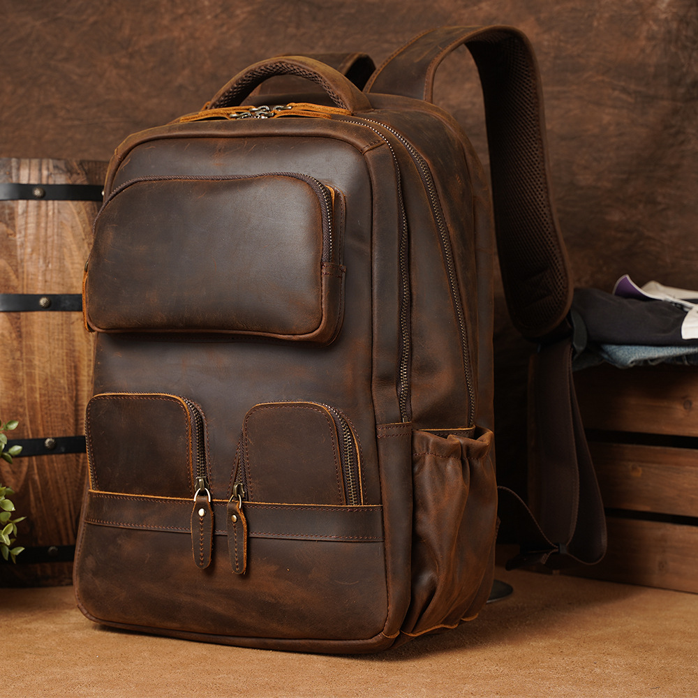 大容量真皮双肩背包男多功能户外旅行疯马皮背包充电usb学生背包