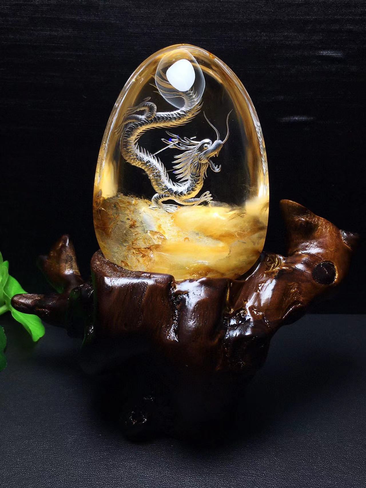 天然水晶龙牌摆件黄兔毛内雕龙牌手把件摆件镇宅创意摆件乔迁送礼