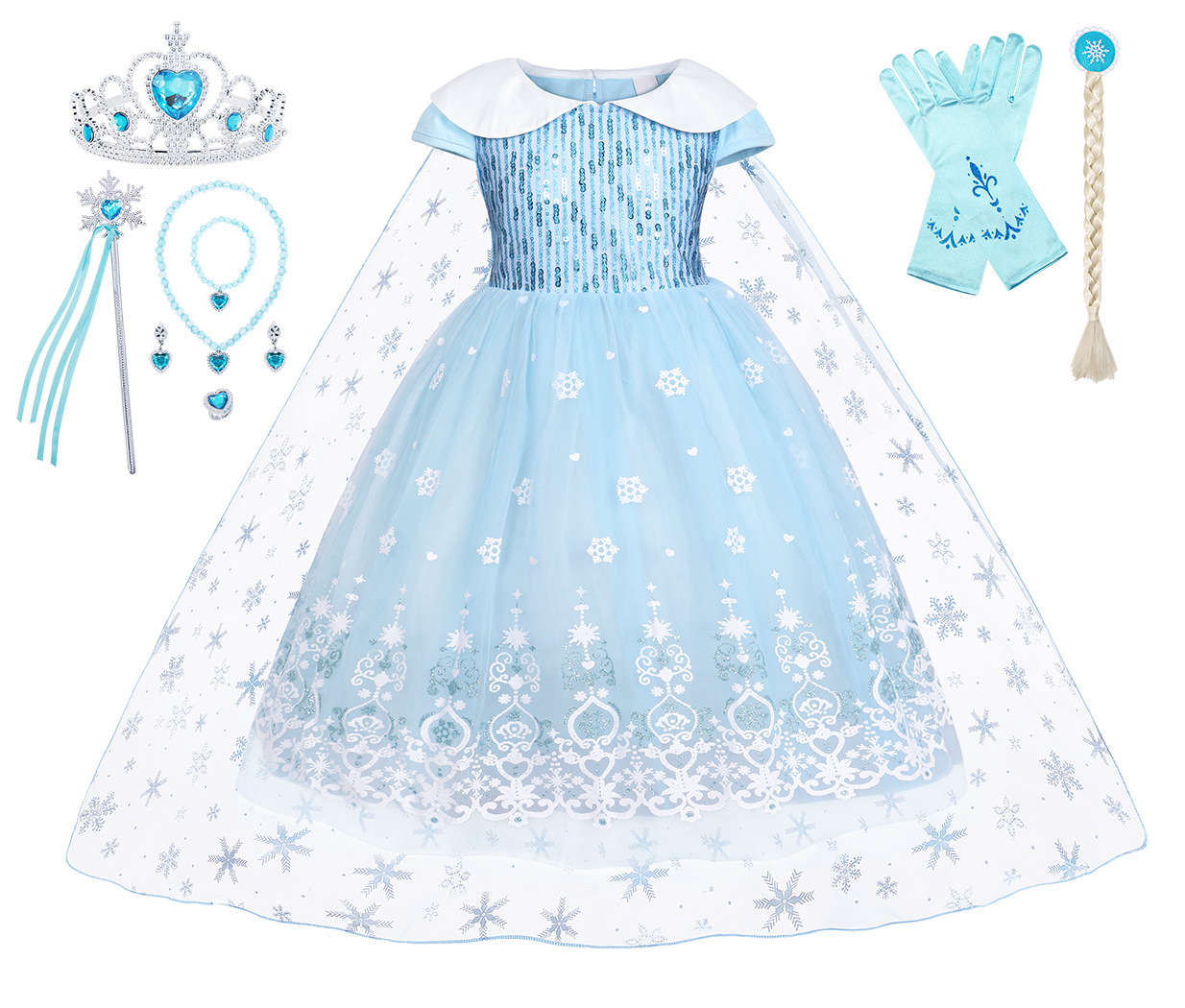 新款冰雪2爱莎亮片公主裙女童长裙子带披风连衣裙艾莎公主礼服裙