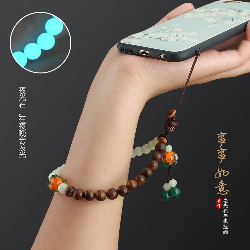 Chinese Style Luminous Stone Mobile Phone Charm Short Wrist Strap Beads Mobile Phone Strap Pendant Retro Glaze